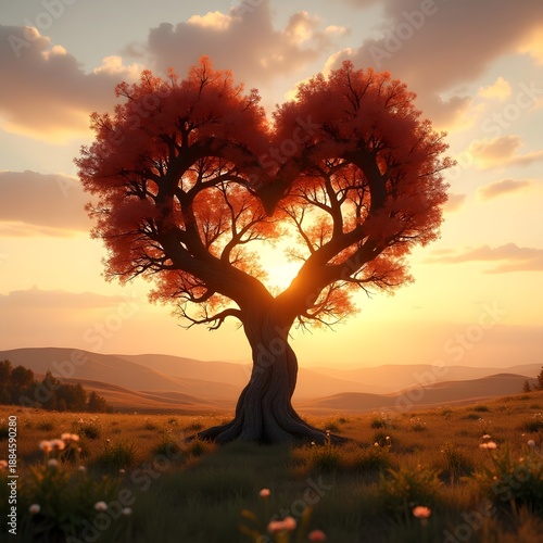 Heart Shaped Tree at Sunset Romantic Nature Love Concept for Background, Wall Arts, Desktop Background Image 