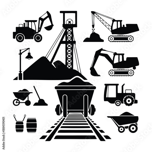 Mining Icon Set Featuring Excavators Industrial Machinery and Quarry Equipment