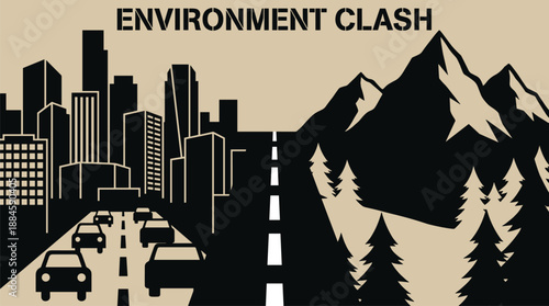 Environment clash: cityscape versus mountains, divided by a highway with cars.