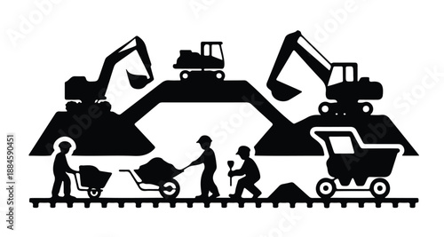 Construction Icon Set Featuring Excavators Workers and Earthmoving Site Machinery