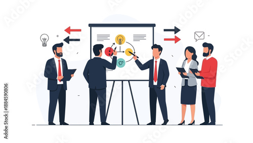 Business Meeting: Team Collaboration and Presentation on Whiteboard
