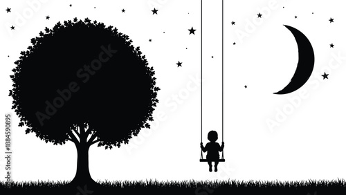 Silhouette of Child Sitting on a Swing Under Large Tree and Crescent Moon with Stars in Night Sky