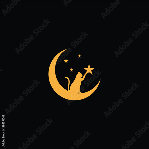 Golden cat silhouette reaching for a star on a crescent moon against black background 1.
