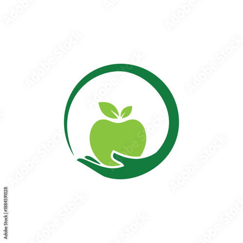 Green apple held in a hand within a green circle logo.