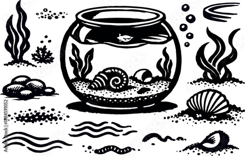 Tattoo flash style close up fishbowl with single fish looking at camera, shells and seaweed on sandy base, bold black ink