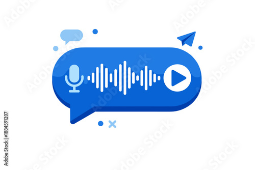 Voice Message Chat Bubble Illustration with Microphone, Audio Wave and Play Button in Modern Flat UI Style