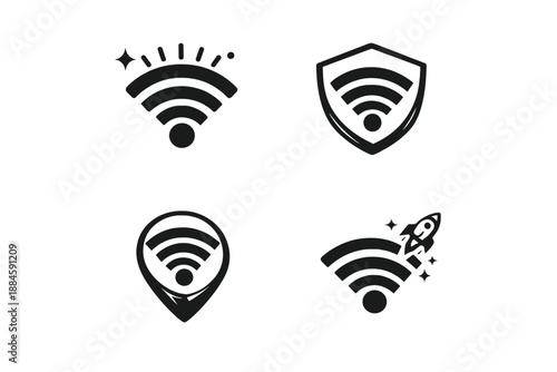 A set of 6 stylish, minimalist vector Wi-Fi icons (black and white, flat design) with creative variations that add a ‘wow effect’ and thematic associations.