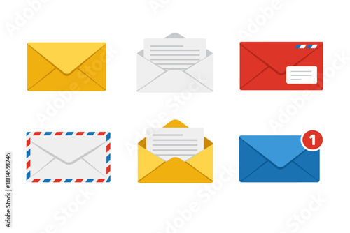 Email Envelope Icon Set with Open, Closed, Notification and Airmail Messages in Flat Color UI Style