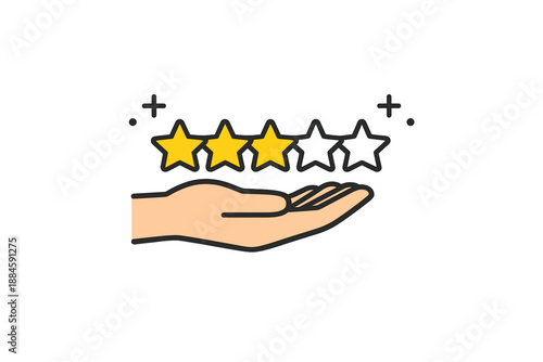 An open palm holds a row of five rating stars. The stars are yellow, with small sparkles and dots around them, adding an effect of ‘sparkle’ or ‘charm’.