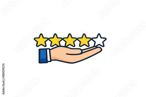 A hand in a business sleeve (white shirt + blue cuff) holds five rating stars in its palm: four full yellow stars and one half-filled/empty white star.