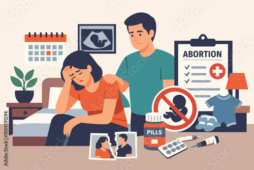 An emotional anti-abortion (pro-life) illustration in digital graphics/vector style, designed to evoke pity, guilt and fear of abortion.