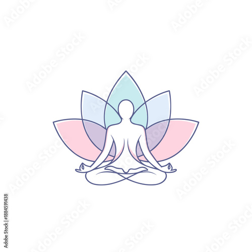 A person meditating in a lotus position with a pastel-colored lotus flower behind them, symbolizing peace and spiritual well-being.