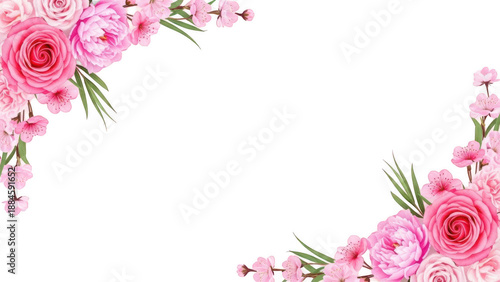 Valentine Pink rose and cherry blossom corner floral frame for wedding and anniversary invitation design