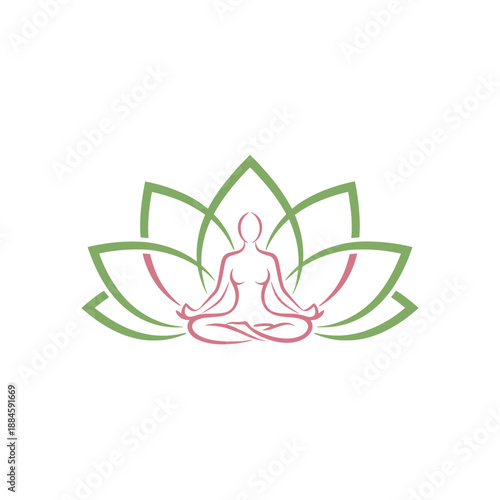 A stylized logo featuring a person meditating in a lotus pose with a green and pink lotus flower background, symbolizing peace and wellness.