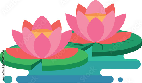  Create Colorful Lotus flowers on lake water icon in flat style on white background.