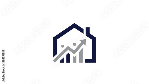 A logo depicting a house with an upward-trending bar graph and people, symbolizing real estate growth, property investment, or housing market development.