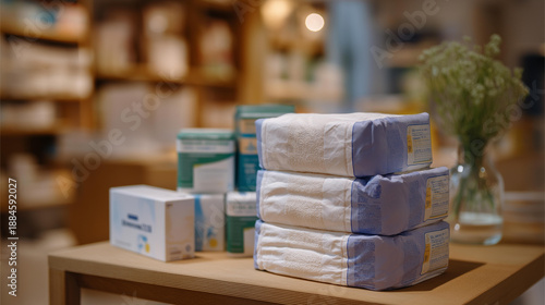 An adult diaper showcased alongside a variety of adult incontinence products in a pharmacy, emphasizing the range available that promotes dignity and comfort for those with incontinence issues,