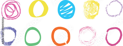 Crayon circle shape frame set. Hand drawn sketch brush line round childish shape. Children color crayon brush stroke frames. Scribble hand drawn grunge doodle color circle set. Vector illustration