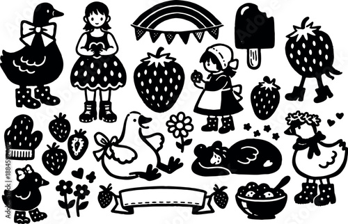 Paper cut cute strawberry and duck vector stickers girl holding berry banner row of boots mittens and flowers playful silhouette