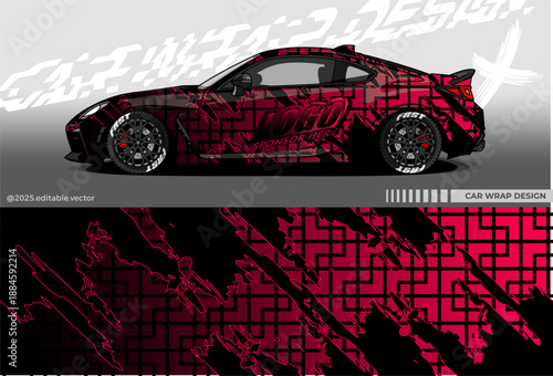 Car wrap design with with Geometric Camouflage Pattern, Black, Red colour. Suitable for Racing, drift, rally or daily use