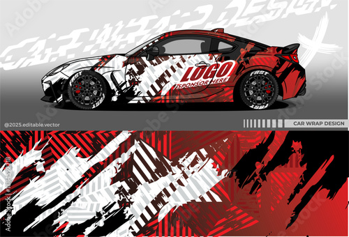 Car wrap design with with Geometric Camouflage Pattern, Black, Red White colour. Suitable for Racing, drift, rally or daily use