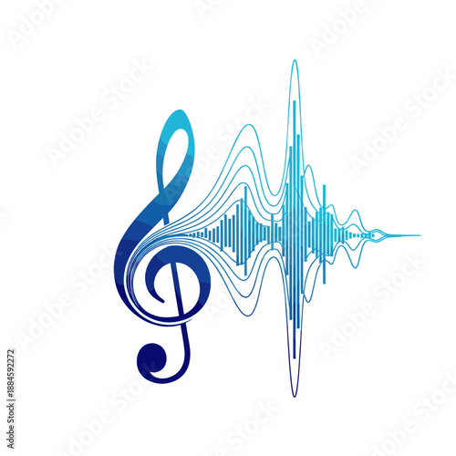 A vibrant blue treble clef transforms into a dynamic sound wave visualization, symbolizing the fusion of music and audio technology.