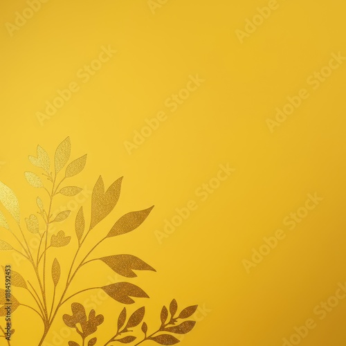 A luxurious yellow gradient backdrop featuring shimmering gold dust texture and beautiful stylized floral botanical decoration for elegant designs, summer, shine, anniversary