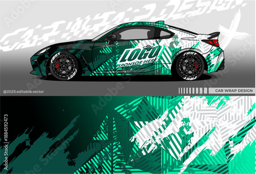 Car wrap design with with Geometric Camouflage Pattern, Black, Green, White colour. Suitable for Racing, drift, rally or daily use