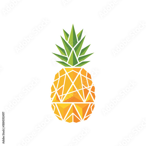 A stylized, geometric illustration of a pineapple with a crown of green leaves and a segmented yellow body.