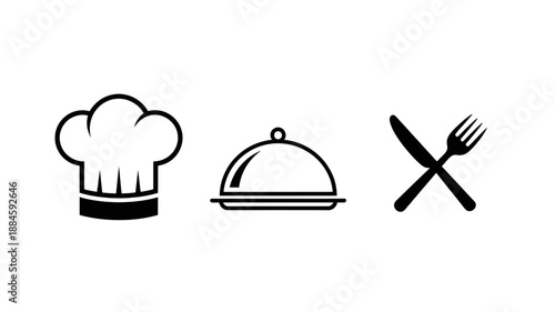 chef hat with food cloche and cutlery restaurant icons
