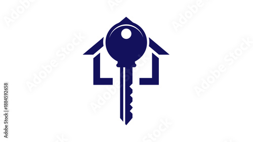 A stylized dark blue house outline with a large key in the center, symbolizing real estate and home ownership.