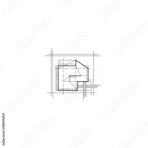 Architectural drawing of a complex geometric structure with intersecting lines and planes.