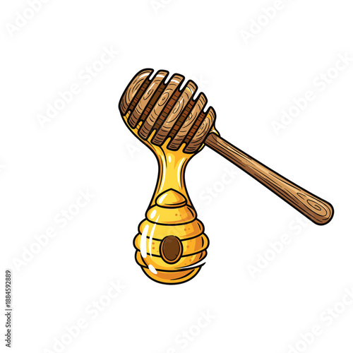 Wooden honey dipper with golden honey dripping into a stylized beehive shape.
