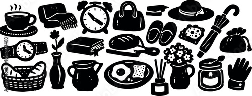 Hand drawn stamp style top down vector icons of breakfast items accessories and home objects arranged in horizontal row bold silhouette close up