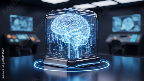 Glowing human brain wireframe inside futuristic glass dome symbolizes artificial intelligence neuroscience and deep learning research in high tech laboratory control room