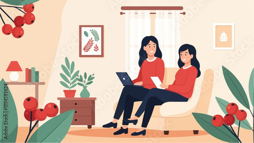 Two women working on laptops in a cozy room