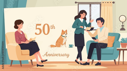 People celebrating a 50th anniversary in a cozy living room with a dog