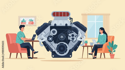 People working remotely in a room with a large engine