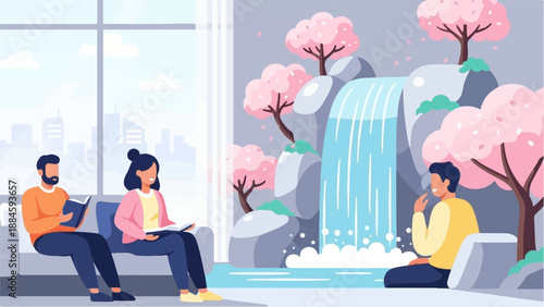 People relaxing indoors with a scenic view of a waterfall and cherry blossom trees