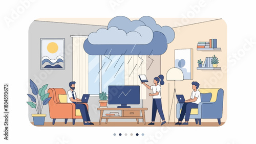 Three people working indoors on laptops while a storm rages outside