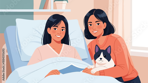 Two women smiling with a cat in a hospital room