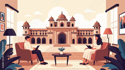 Two people sitting in comfortable chairs, reading, with a grand building facade