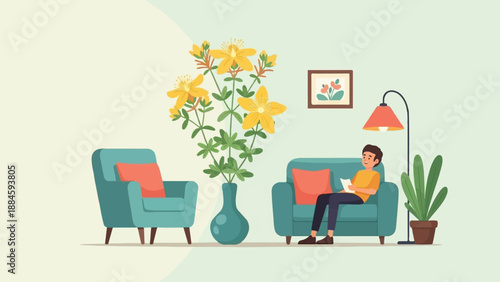 Person relaxes indoors with flowers, plants, and reading material