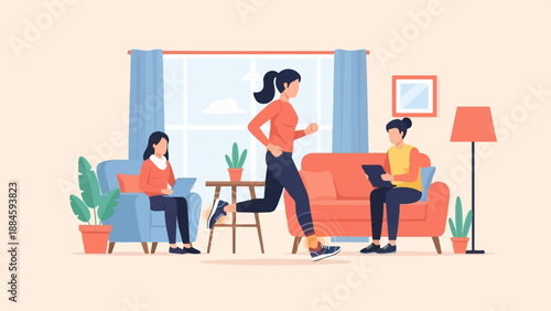 Women exercising and working on laptops in a living room