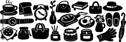 Flat design silhouette morning routine icon set with coffee cup alarm clock bread hat slippers and bag in horizontal layout