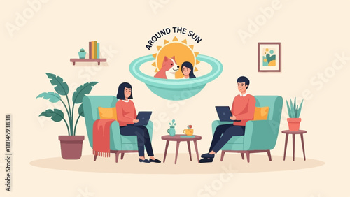 Two people work on laptops while a dog and person appear in a bowl