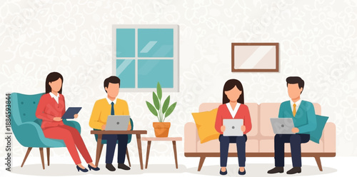 People working on laptops and tablets in a stylish room with a patterned wall