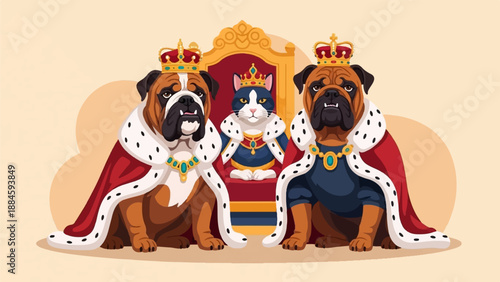 Regal cat sits on throne between two crowned bulldogs in velvet capes
