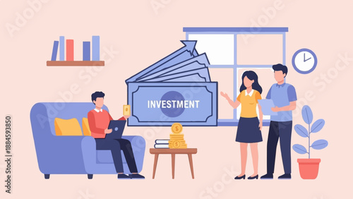 People discuss investment on laptop and money in a modern office