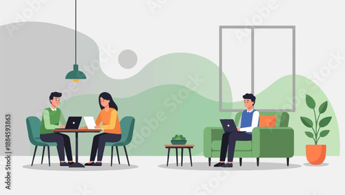 Modern coworking space with individuals working on laptops in a relaxed setting